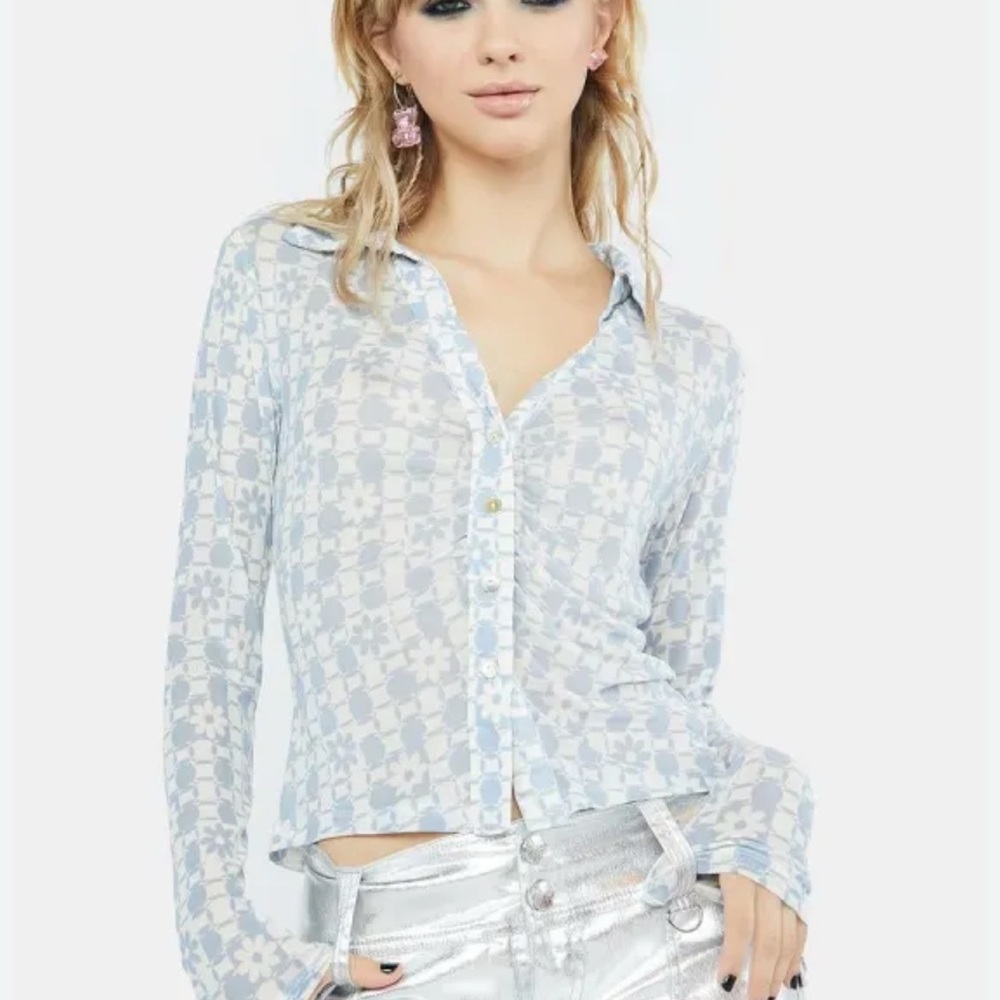 Isalis Women’s Scrunched Sheer Floral Long Sleeve Button Up Small